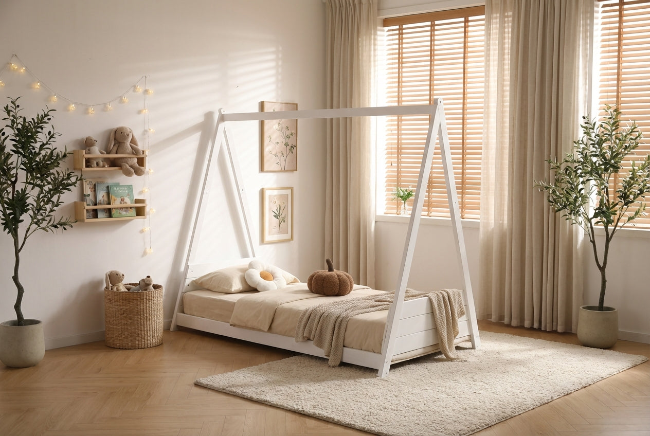 Lit enfant tipi bois blanc 90x190 cm avec sommier TIPI