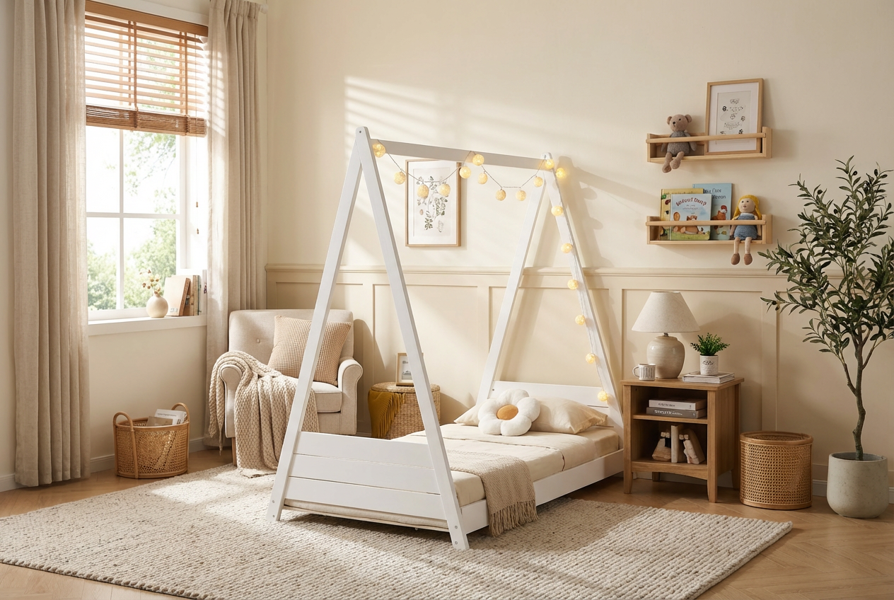 Lit enfant tipi bois blanc 90x190 cm avec sommier TIPI