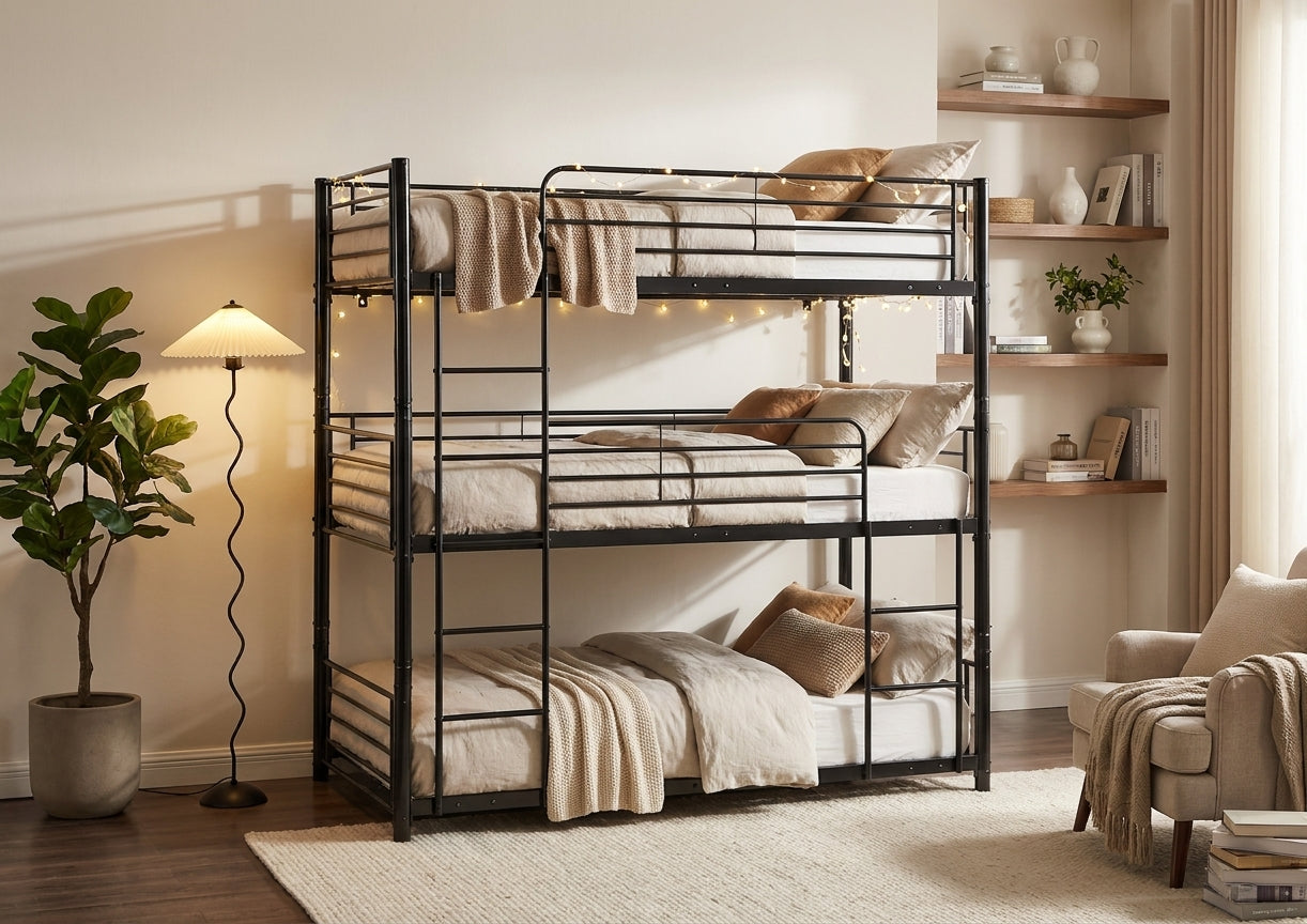 Pack Lit superposé en métal noir 3 couchages 90x190 avec matelas TRIPLE