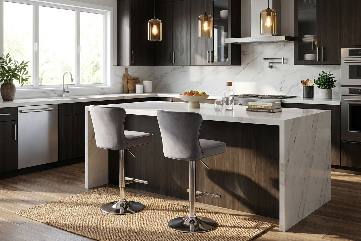 Lot de 2 tabourets de bar velours anthracite pieds chrome 65 cm - GABRIELLE