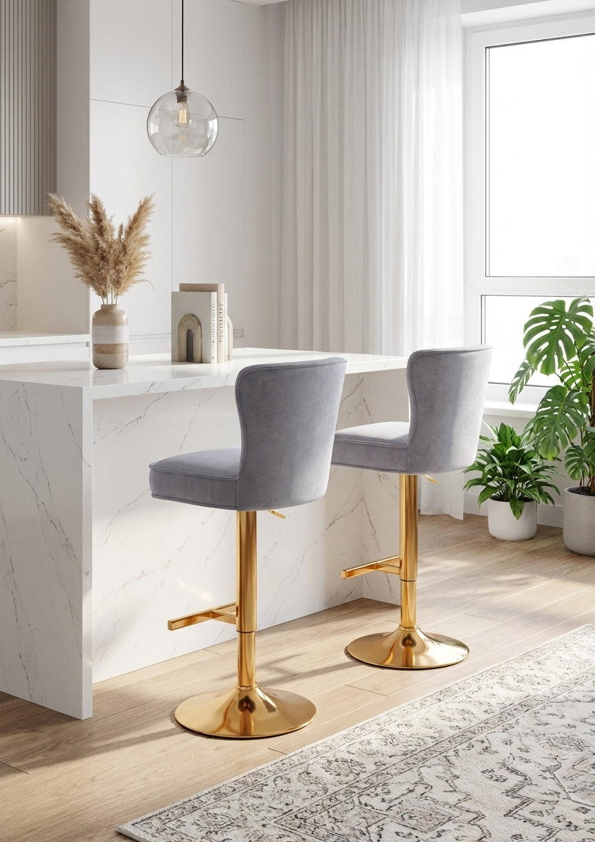 Lot de 2 tabourets de bar velours gris pieds métal gold 65 cm - GABRIELLE