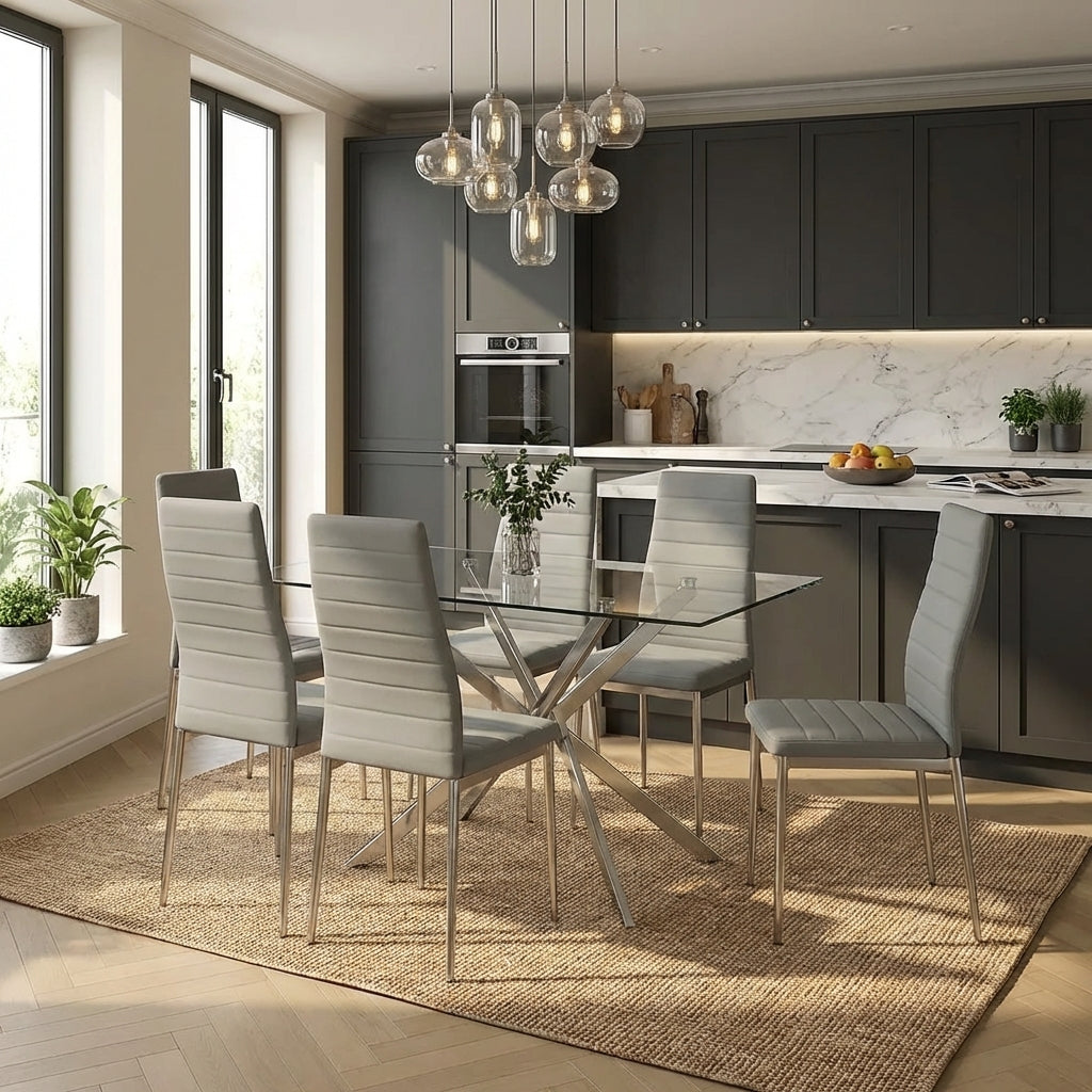 Lot 6 chaises velours gris pieds métal chrome 39x39x95 cm TOLIA