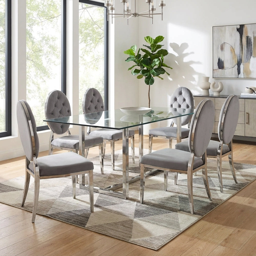 Lot de 4 chaises MEDAILLON capitonnées  chrome et velours Gris