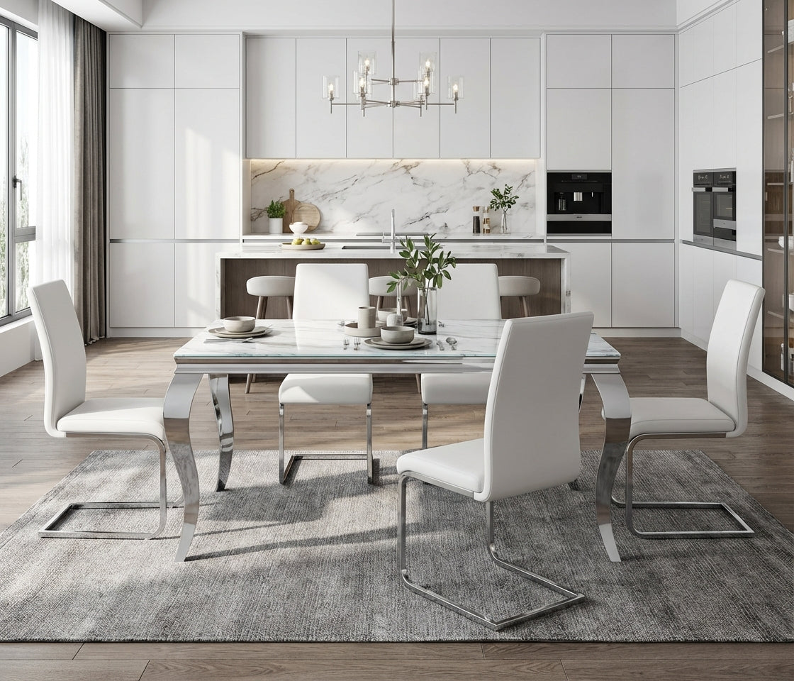 Table à manger verre effet marbré blanc 150x90 cm 4-6 pers BAROQUE