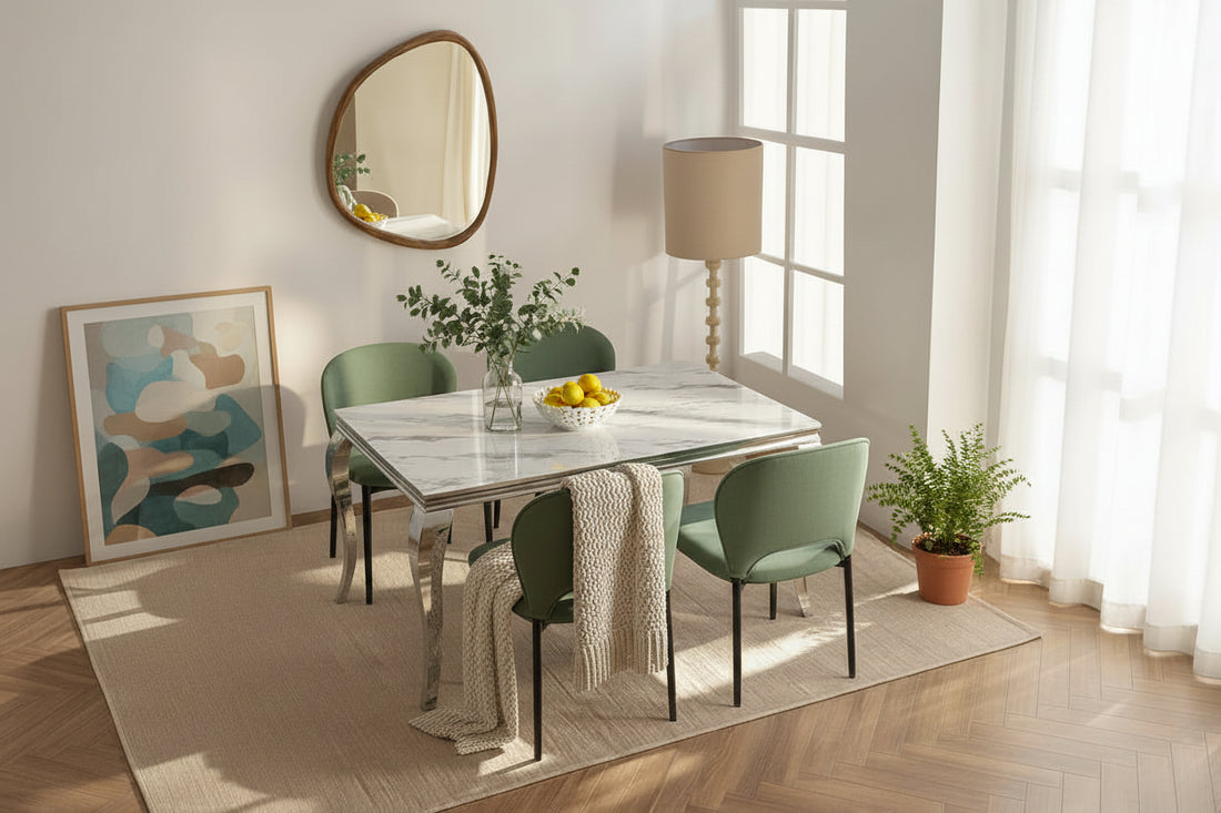 Table à manger BAROQUE 4 à 6 couverts pieds chrome plateau en verre 150x90 cm #couleur_marbré-blanc