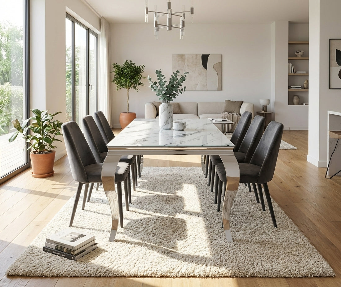 Table à manger BAROQUE 6 à 8 couverts pieds chrome plateau en verre 180x90 cm #couleur_marbré-blanc