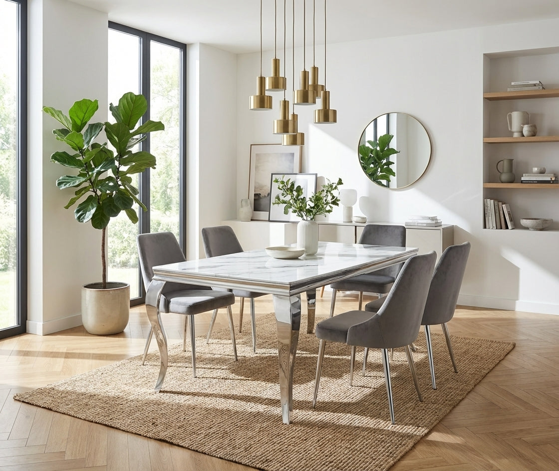 Table a manger verre effet marbre blanc chrome 180x90 cm BAROQUE