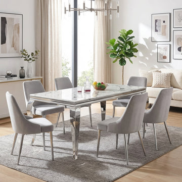 Table à manger verre effet marbre blanc chrome 180x90 cm BAROQUE