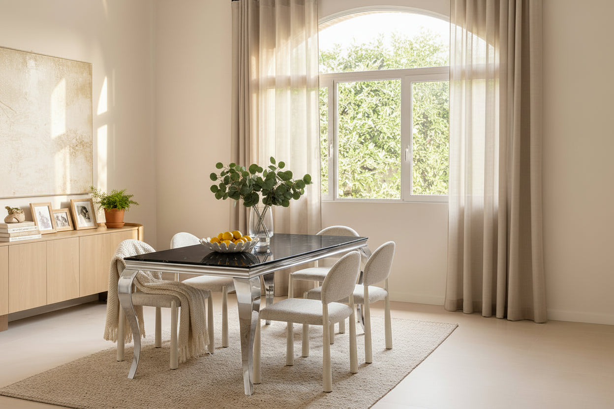 Table à manger verre marbré noir 180x90 cm 6-8 pers BAROQUE