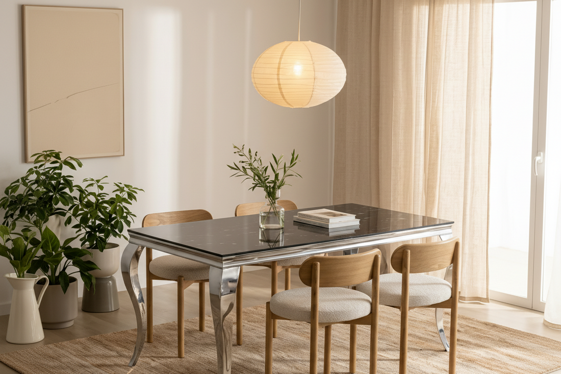 Table à manger BAROQUE 6 à 8 couverts pieds chrome plateau en verre 180x90 cm #couleur_marbré-noir