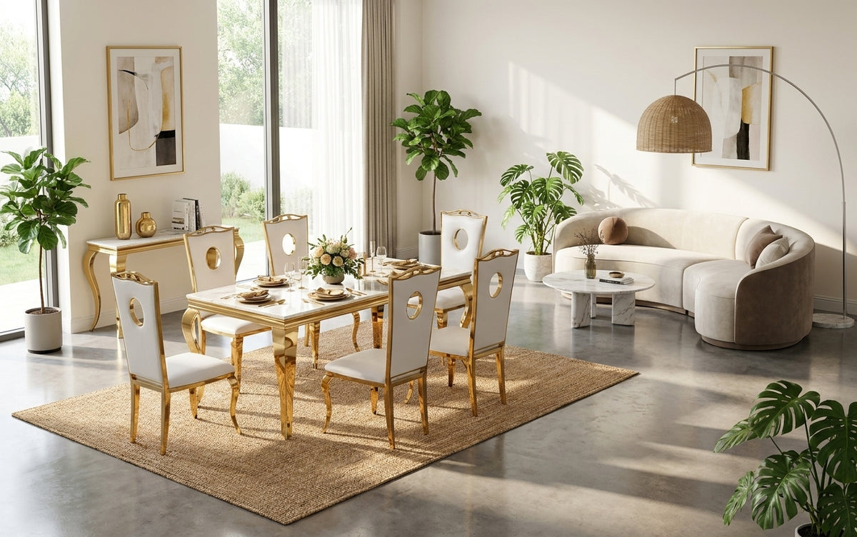 Table à manger BAROQUE 6 à 8 couverts 180x90 cm pieds gold plateau en verre blanc