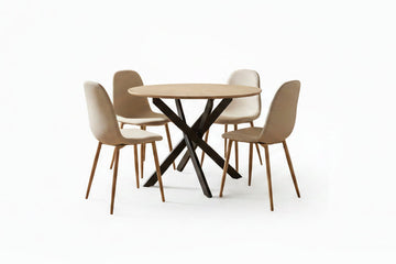 Ensemble table ronde chêne 100 cm + 4 chaises tissu beige JESSICA