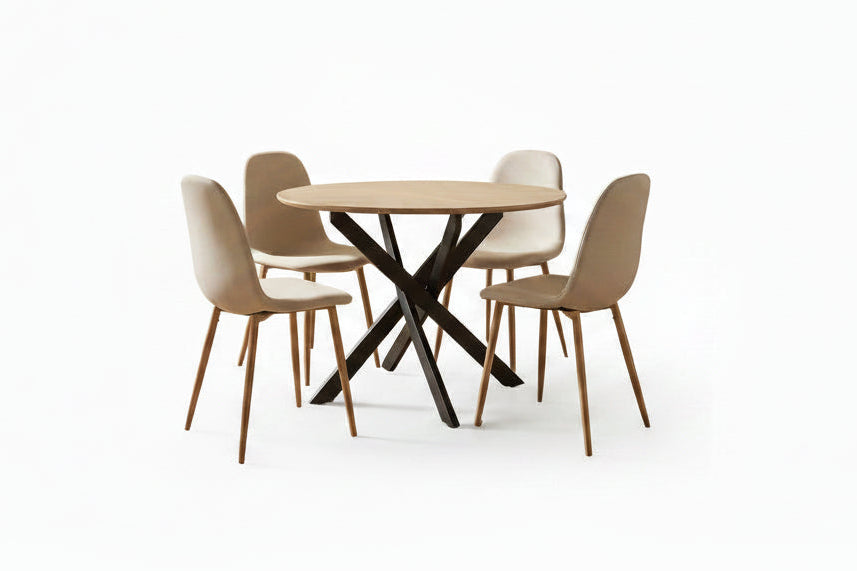 Ensemble table ronde chêne 100 cm + 4 chaises tissu beige JESSICA