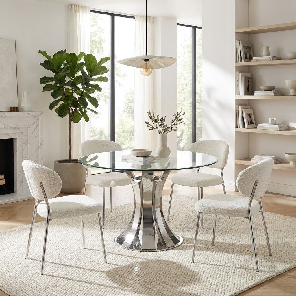 Table à Manger Ronde JUDITH – Chrome & Verre Trempé – Ø120 cm