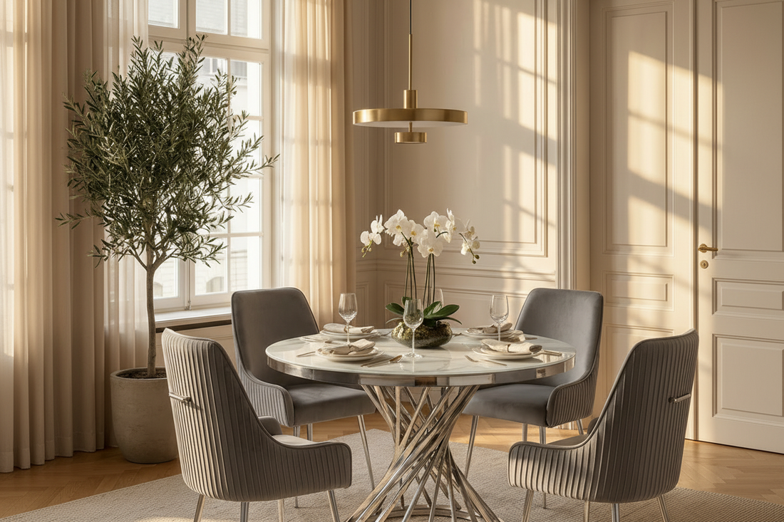 Table à manger ronde en verre trempé effet marbre blanc Chrome - NAUTILUS#couleur_marbréblanc_Chrome