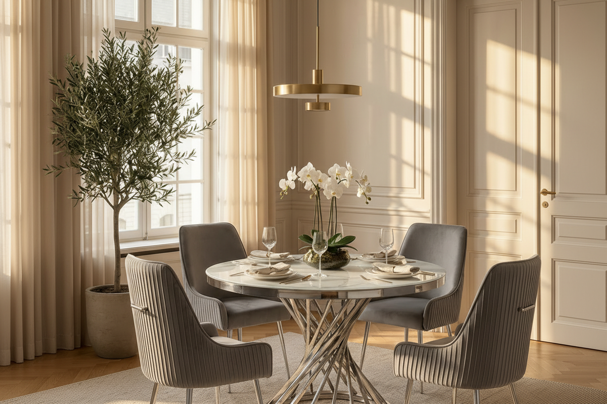 Table à manger ronde en verre trempé effet marbre blanc Chrome - NAUTILUS