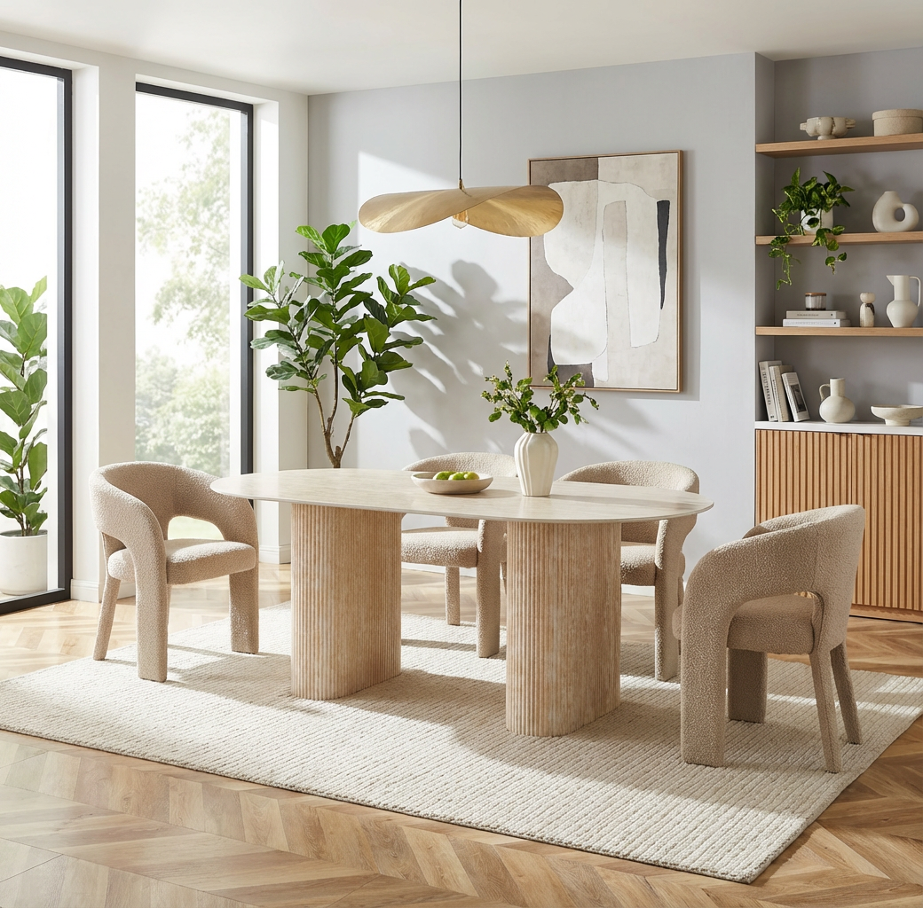 Table à manger céramique effet travertin 160x90 cm pied effet travertin – ROXY