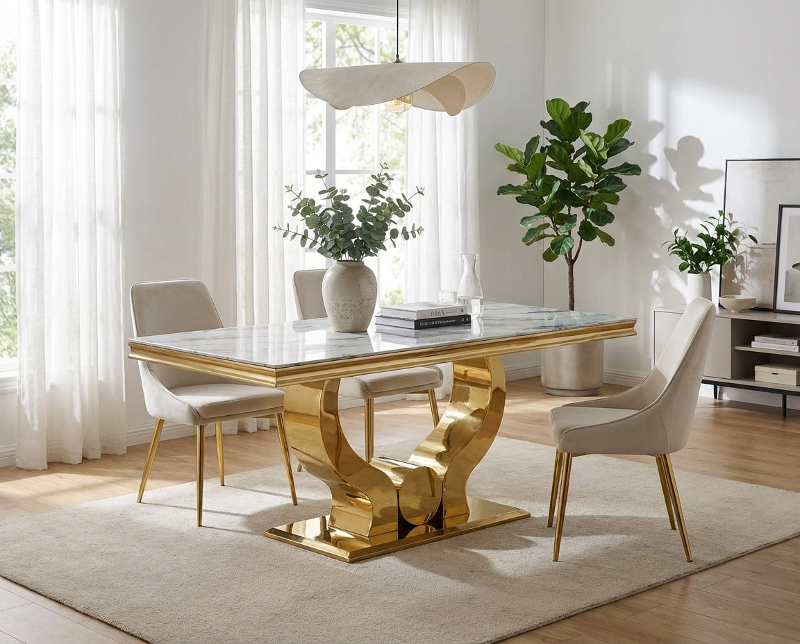 Table a manger verre effet marbre blanc pied gold 150x90 cm TROFY