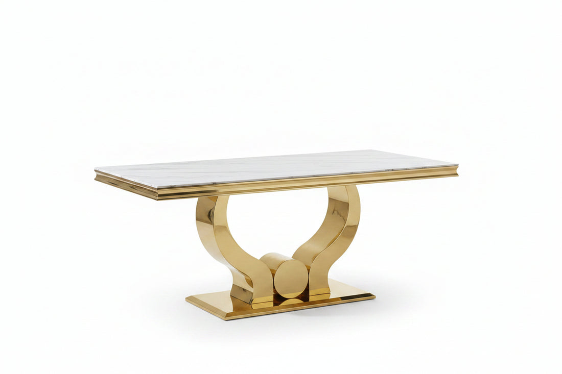 Table a manger verre effet marbre blanc pied gold 150x90 cm TROFY