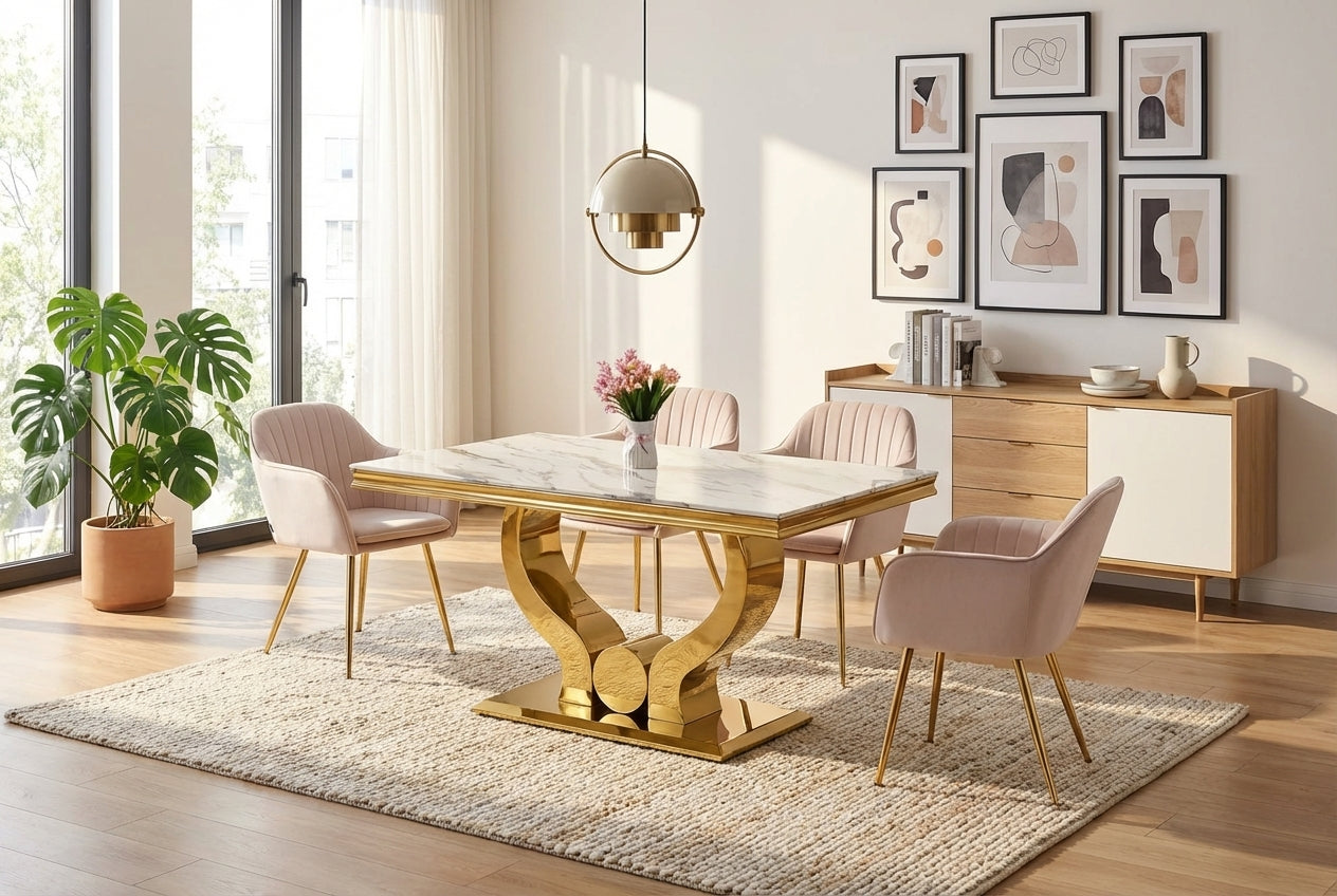 Table a manger verre effet marbre blanc pied gold 150x90 cm TROFY