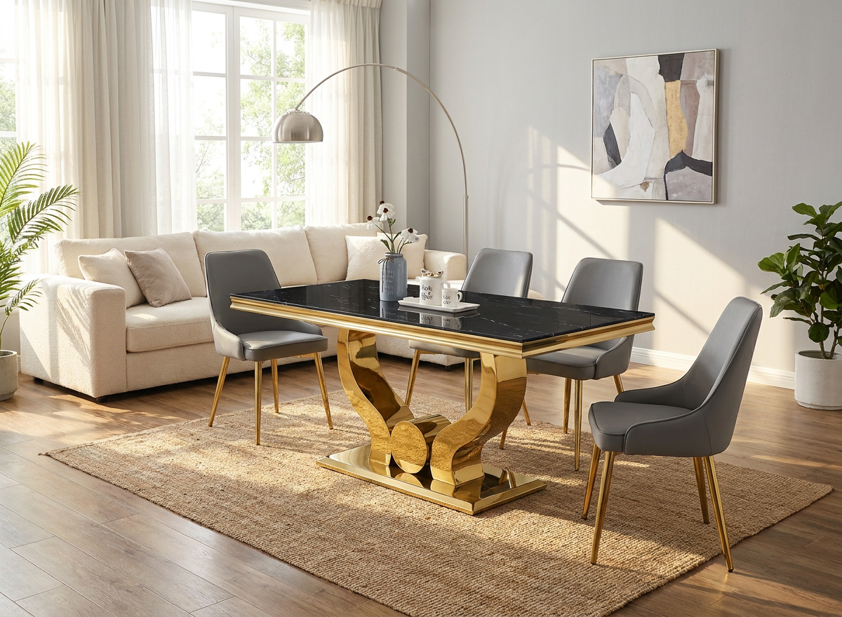Table à manger TROFY 4 à 6 personnes 150x90 cm Gold verre effet marbré noir
