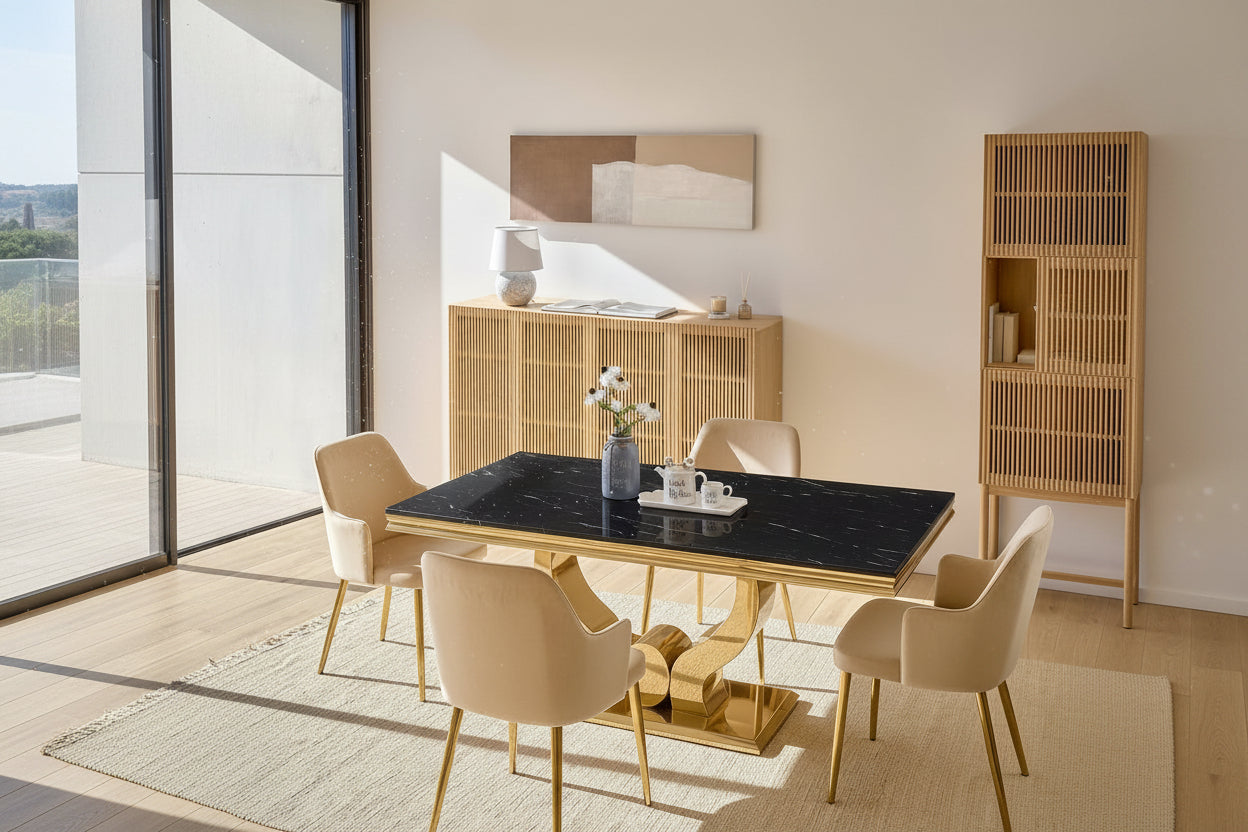 Table à manger TROFY 4 à 6 personnes 150x90 cm Gold verre effet marbré noir