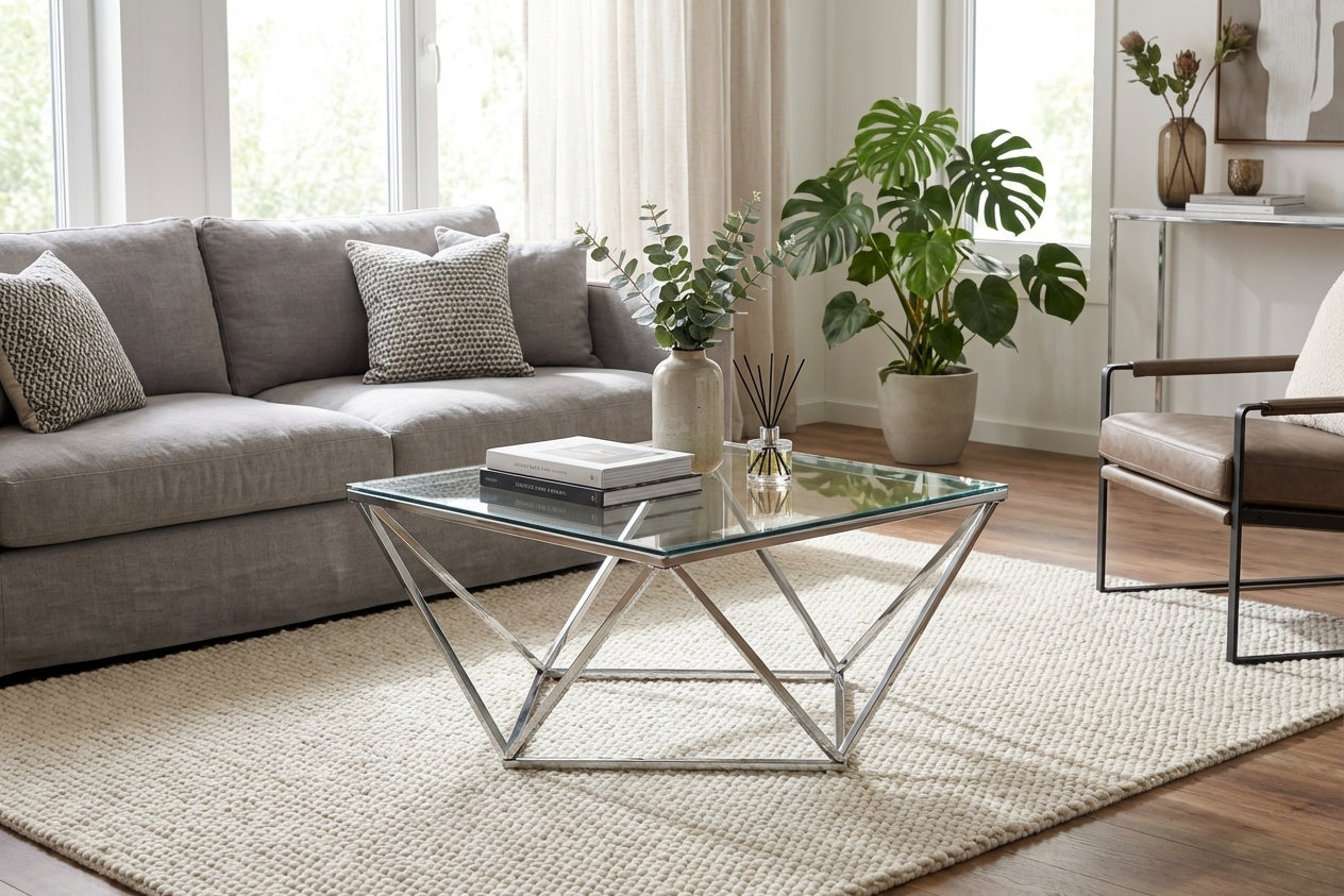 Table Basse Carrée Plateau Verre Trempé Transparent Pieds Chrome 80x80x45cm