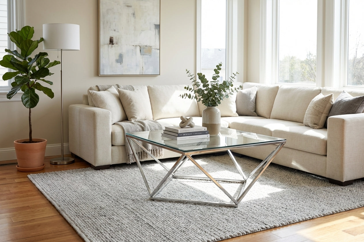 Table Basse Carrée Plateau Verre Trempé Transparent Pieds Chrome 80x80x45cm