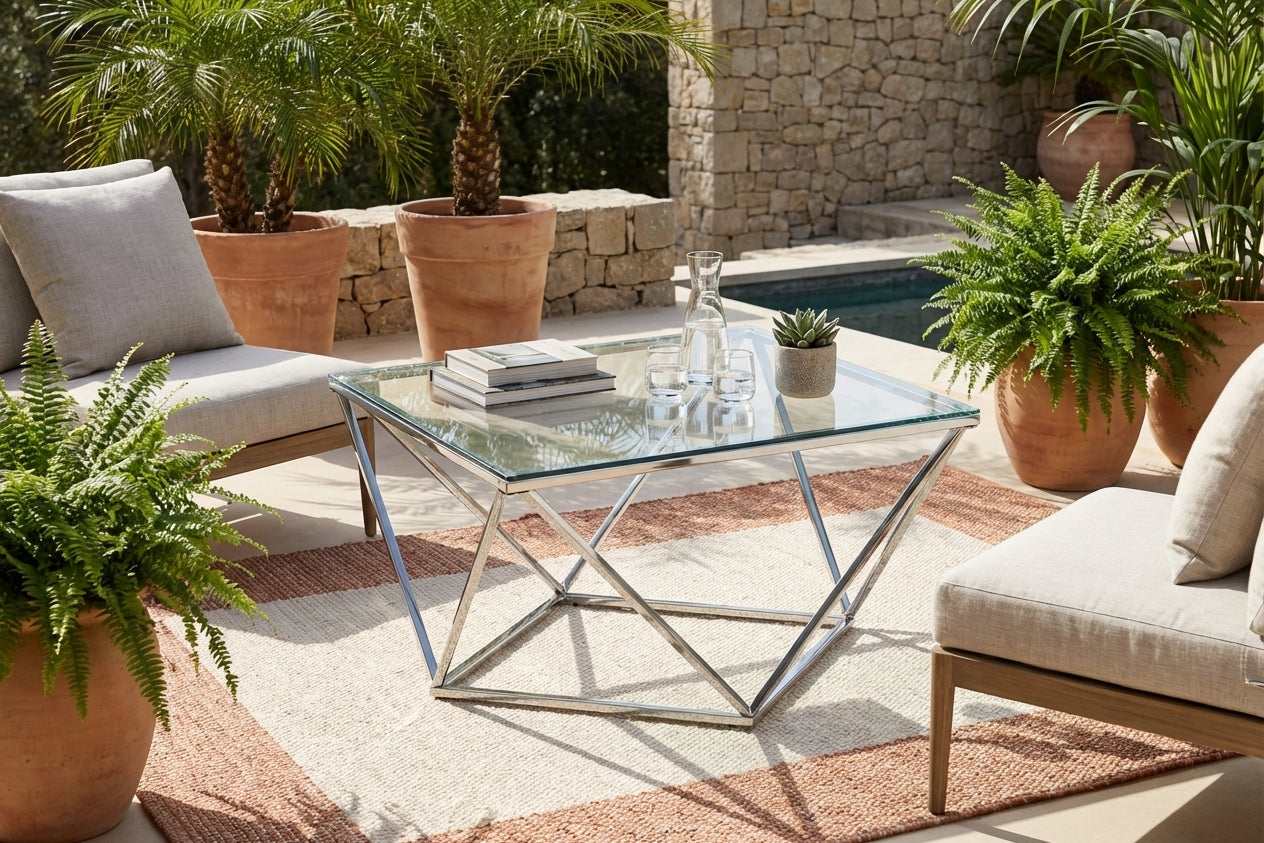 Table Basse Carrée Plateau Verre Trempé Transparent Pieds Chrome 80x80x45cm