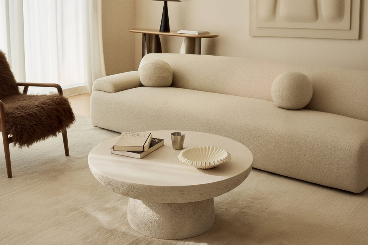 Table basse ronde effet travertin mat salon Ø70 cm GALET