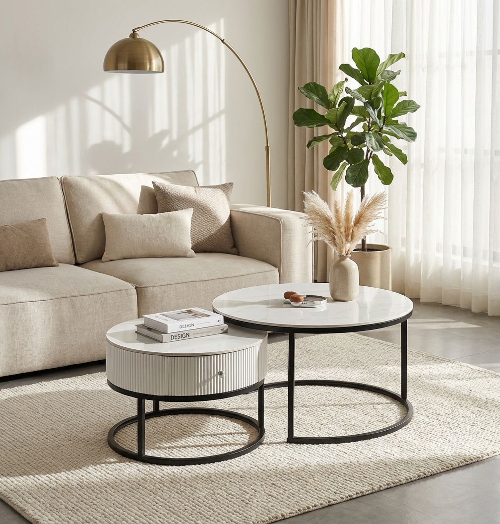 Tables basses gigognes céramique marbre blanc métal noir 80+60 cm SAMIRA