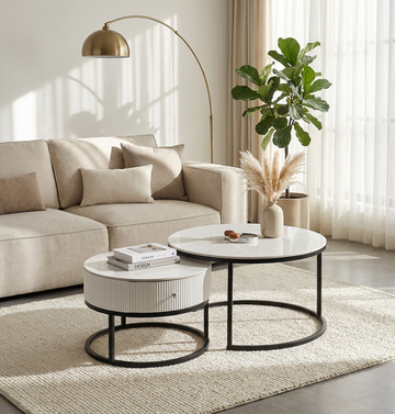 Tables basses gigognes céramique marbre blanc métal noir 80+60 cm SAMIRA