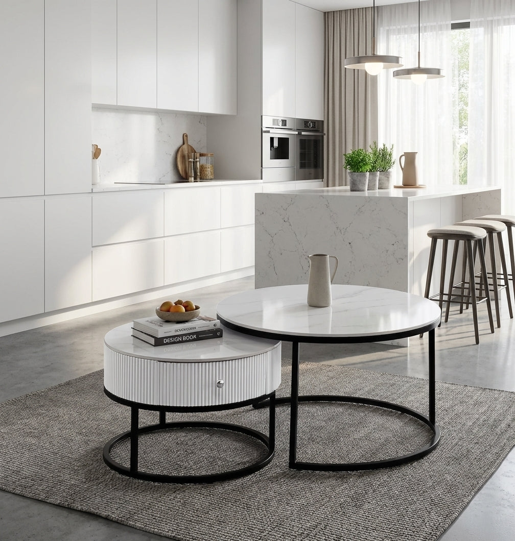 Tables basses gigognes céramique marbre blanc métal noir 80+60 cm SAMIRA