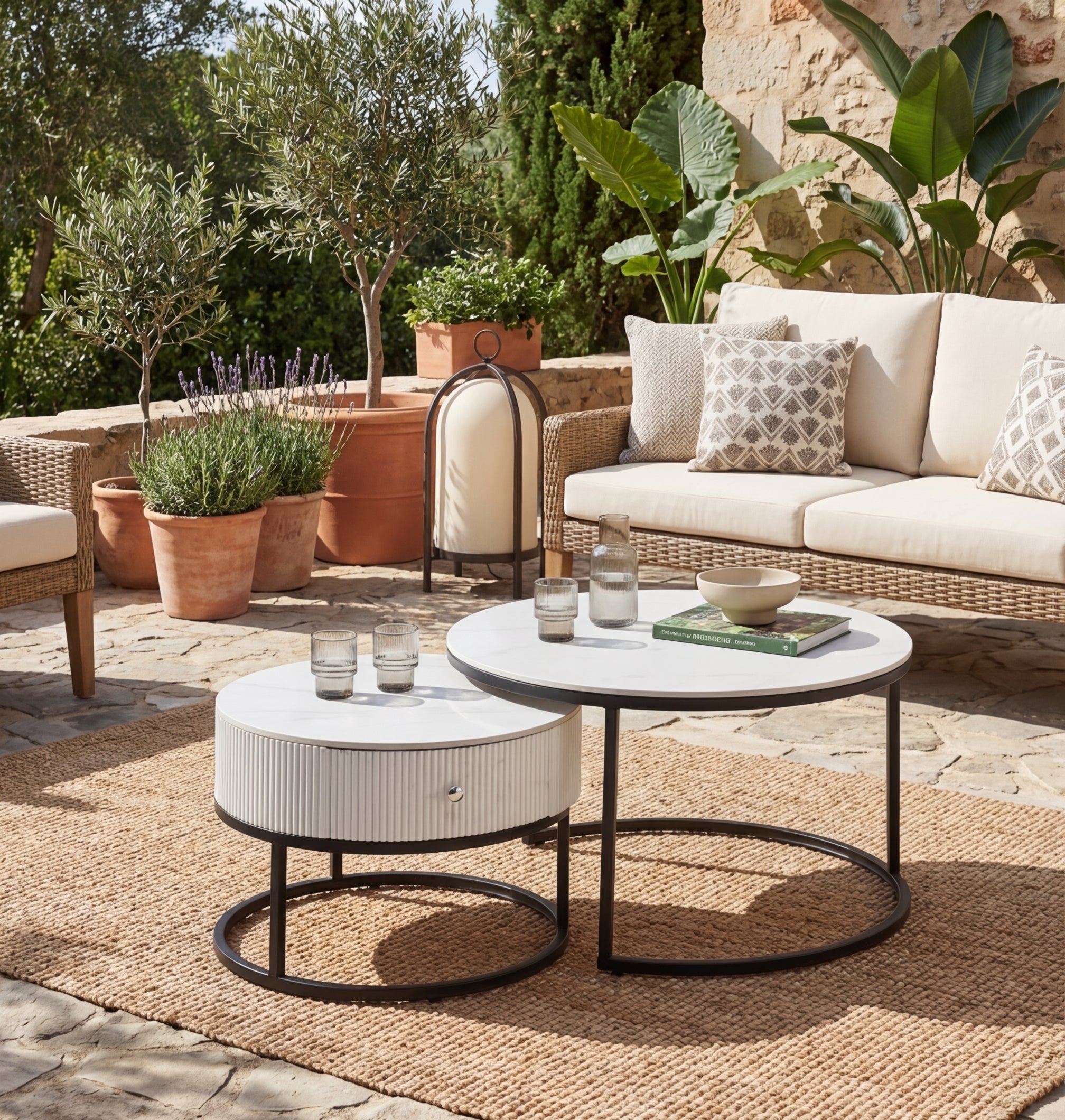 Tables basses gigognes céramique marbre blanc métal noir 80+60 cm SAMIRA