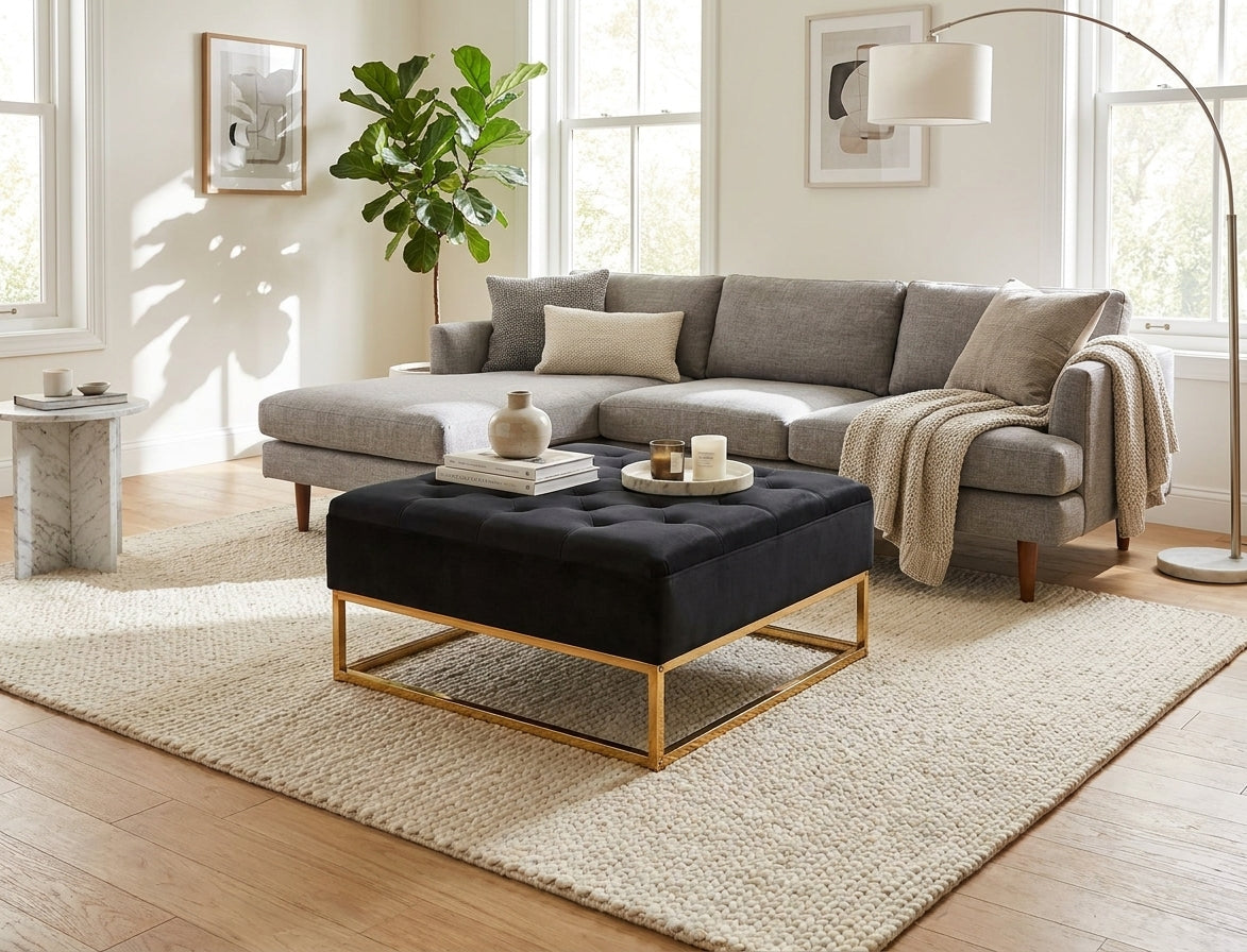 Table basse pouf velours noir 80x80 cm - CAPITONNE