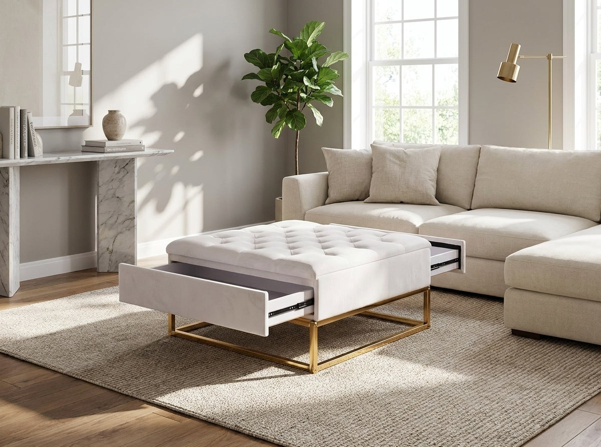 Table basse pouf velours écru 80x80 cm - CAPITONNE