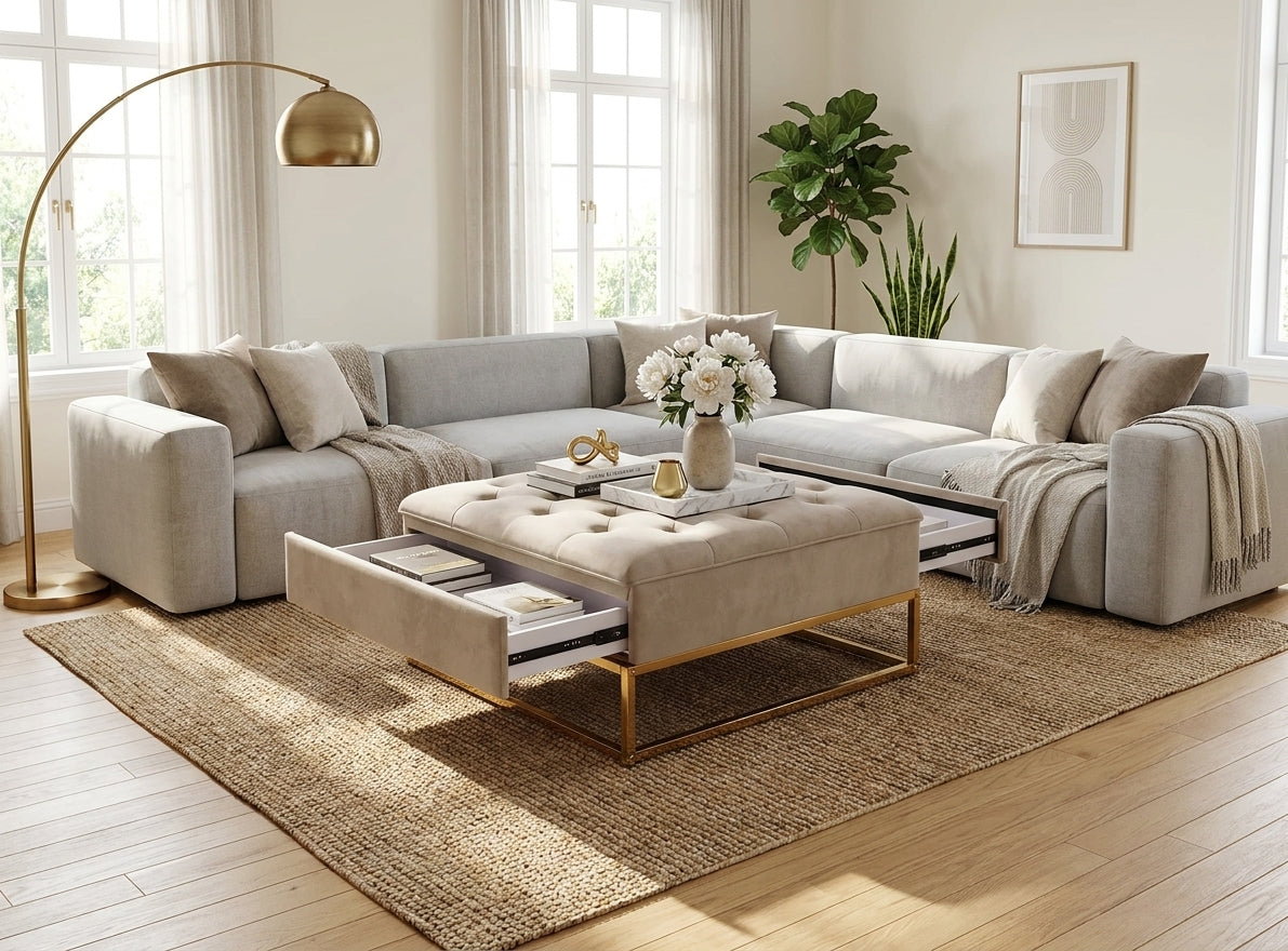 Table basse pouf velours moka 80x80 cm - CAPITONNE