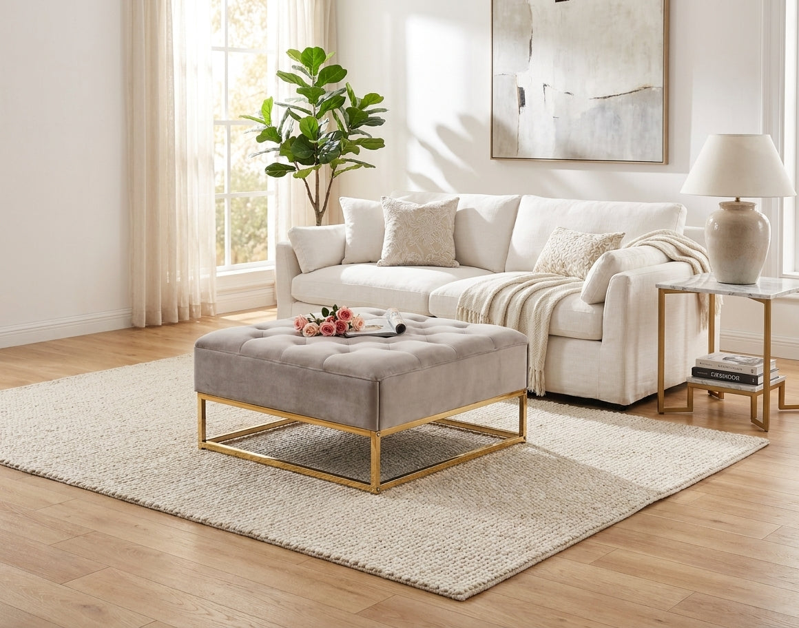 Table basse pouf velours moka 80x80 cm - CAPITONNE