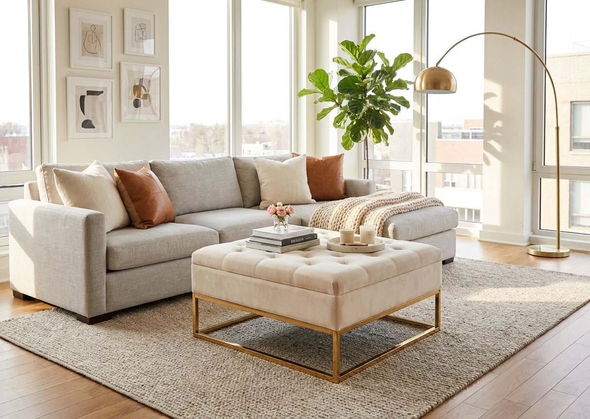 Table basse pouf velours beige 80x80 cm - CAPITONNE