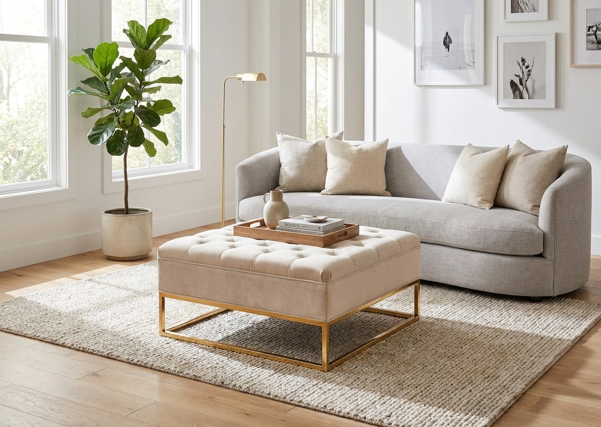 Table basse pouf velours beige 80x80 cm - CAPITONNE