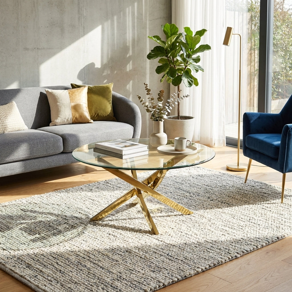 Table basse ronde JESSY pieds Gold et plateau en verre TRANSPARENT 80 cm