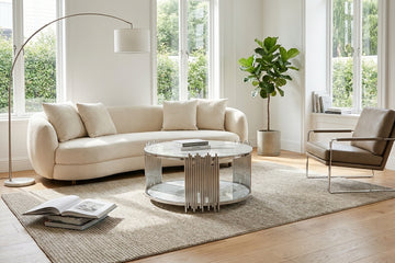 Table Basse ronde STICK Chrome et plateau en verre MARBRE BLANC D90 H45 cm
