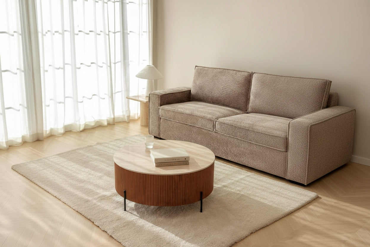 Table Basse Ronde Céramique Effet Travertin Noisette D100xH45 cm RUBY