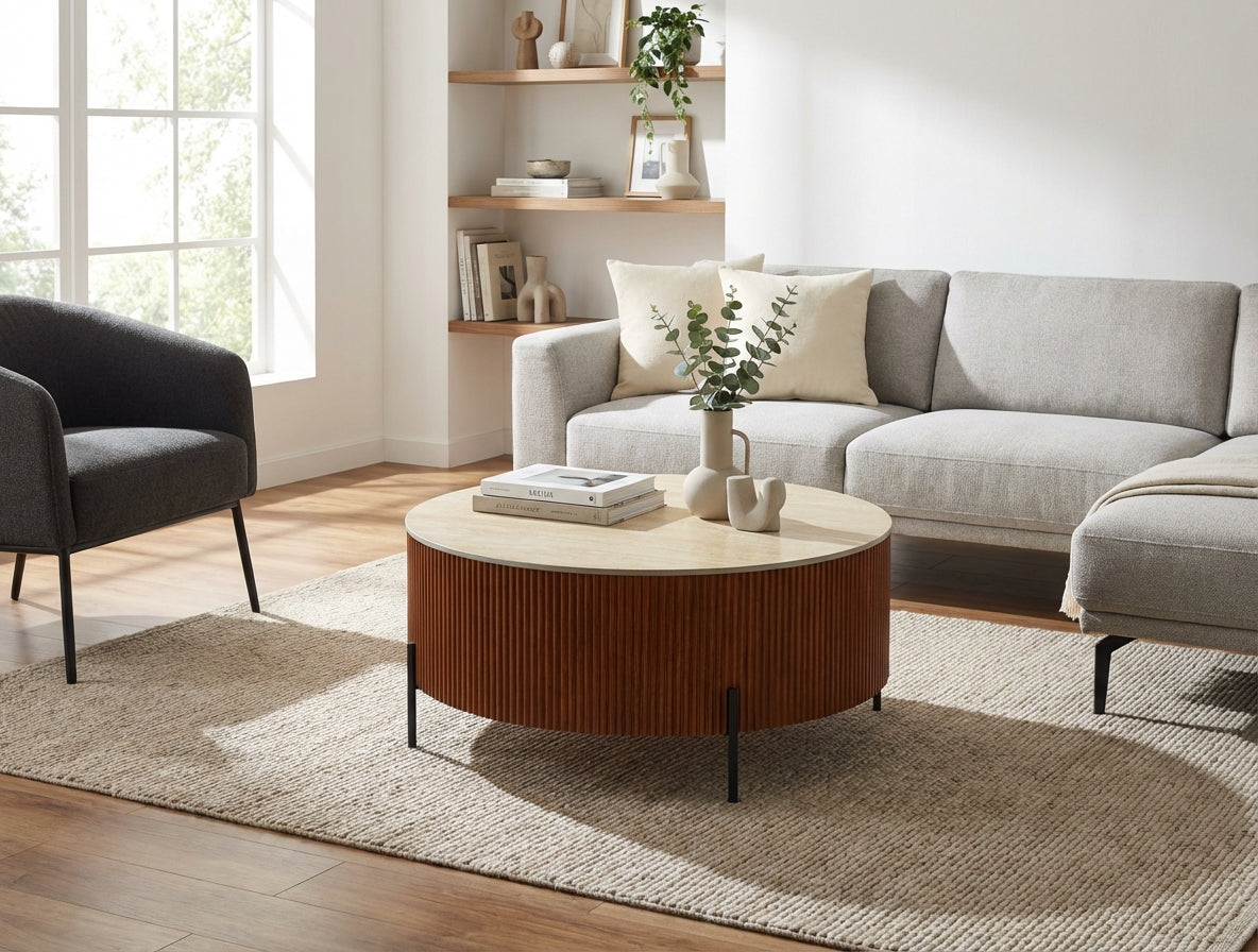 Table Basse Ronde Céramique Effet Travertin Noisette D100xH45 cm RUBY