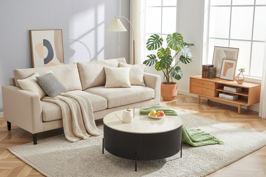 Table basse ronde céramique travertin noir métal Ø80x45 cm RUBY