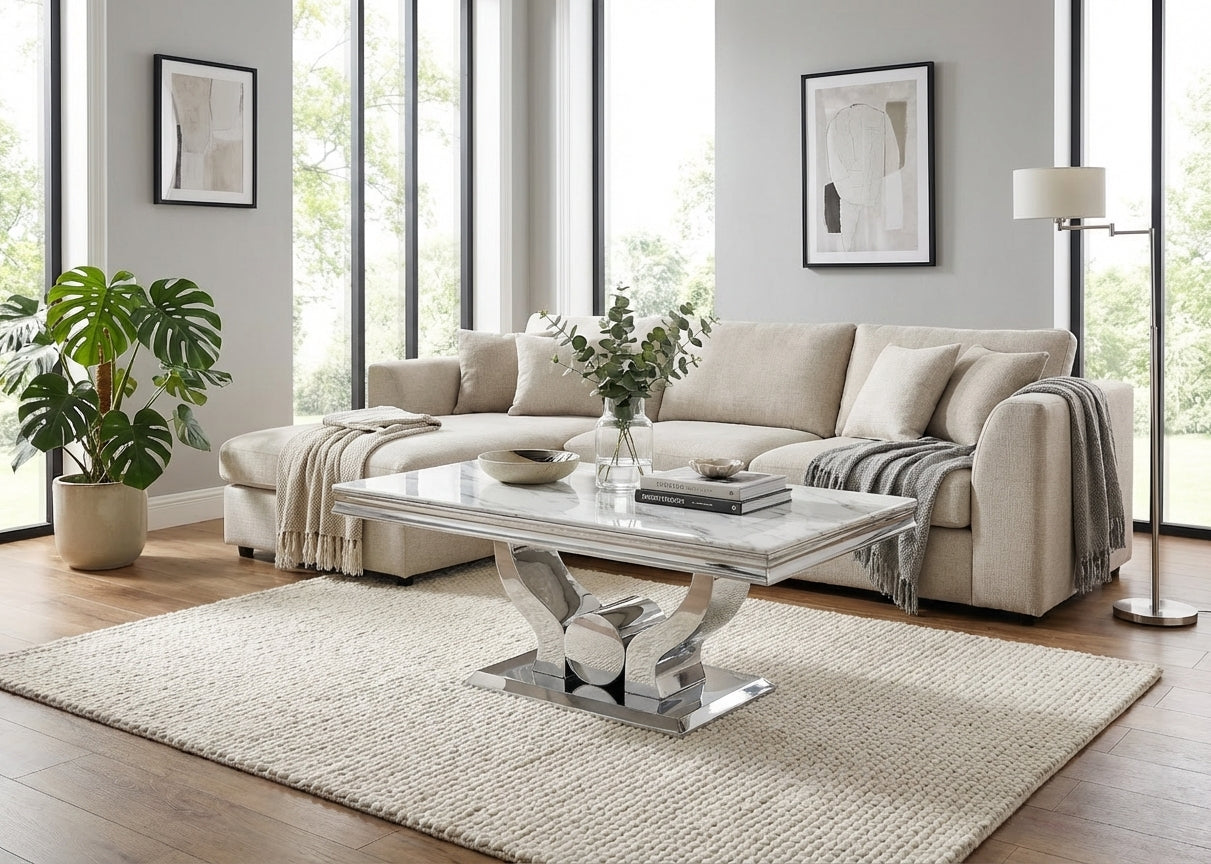 Table Basse Chrome plateau effet Marbré Blanc 120x70 cm TROFY
