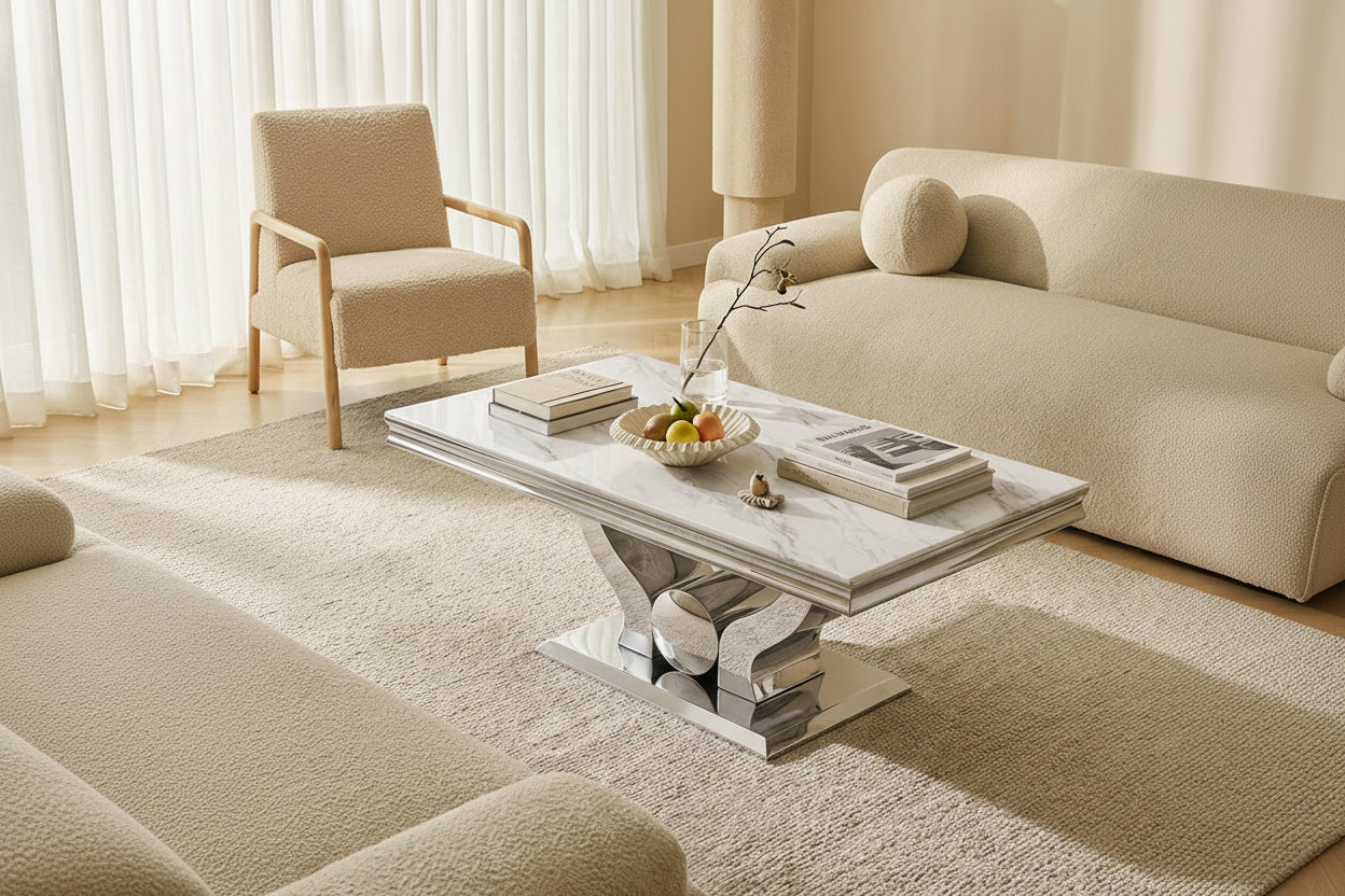 Table Basse Chrome plateau effet Marbré Blanc 120x70 cm TROFY