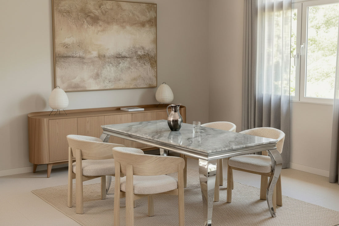 Table à manger BAROQUE 4 à 6 couverts pieds chrome plateau en verre 150x90 cm #couleur_marbré-greige