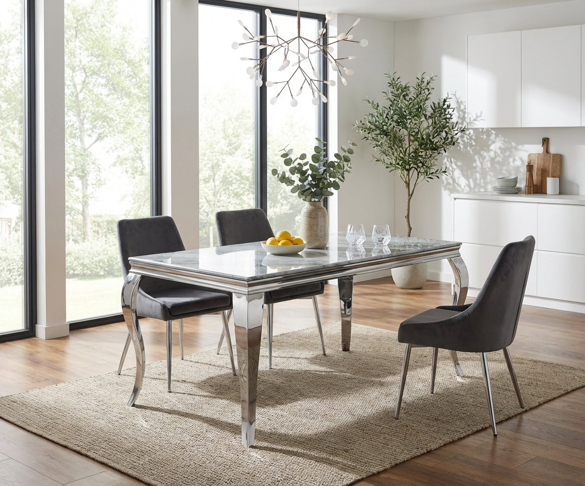 Table à manger verre effet marbré greige 150x90 cm 4-6 pers BAROQUE