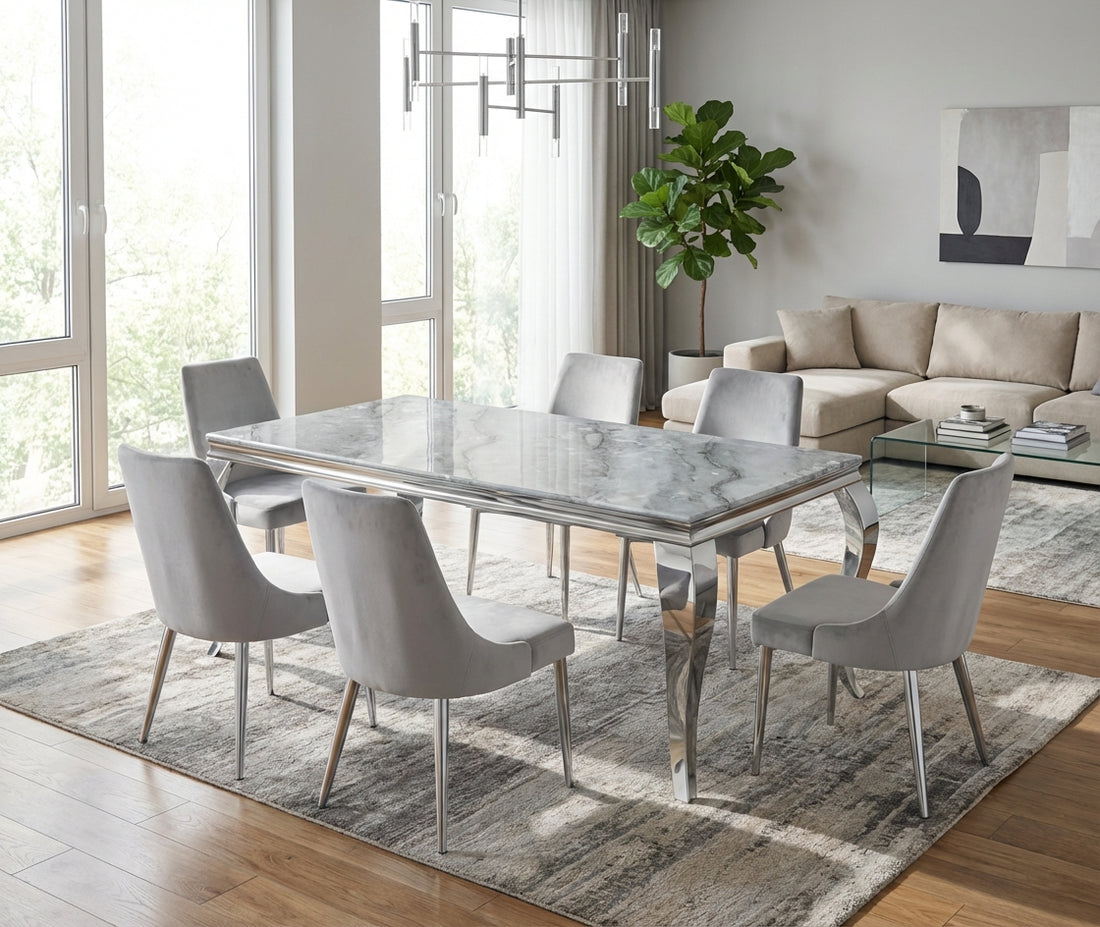 Table à manger BAROQUE 6 à 8 couverts pieds chrome plateau en verre 180x90 cm #couleur_marbré-noir